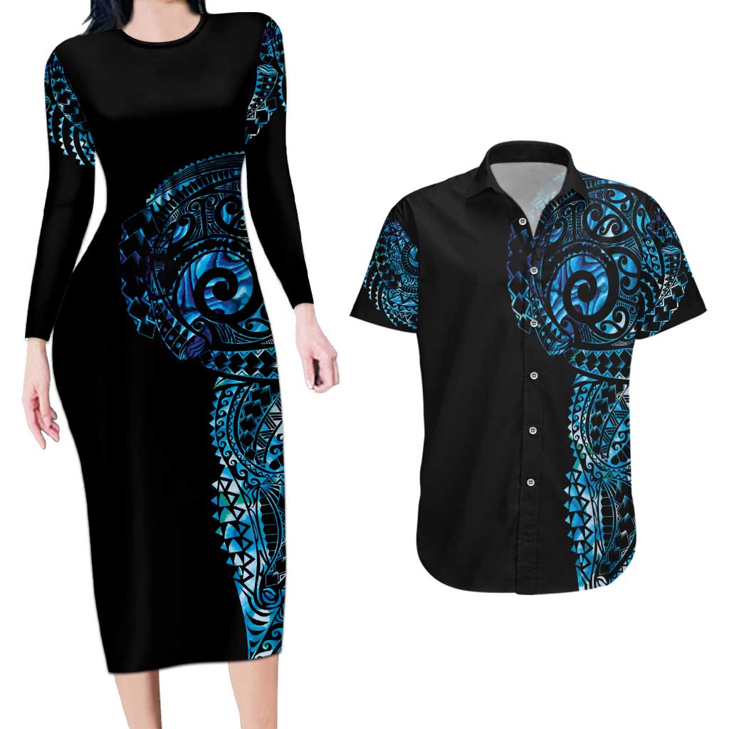 New Zealand Maori Koru Art Traditional Tattoo Couples Matching Long Sleeve Bodycon Dress and Hawaiian Shirt Paua Shell