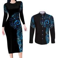 New Zealand Maori Koru Art Traditional Tattoo Couples Matching Long Sleeve Bodycon Dress and Long Sleeve Button Shirt Paua Shell