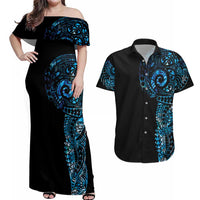 New Zealand Maori Koru Art Traditional Tattoo Couples Matching Off Shoulder Maxi Dress and Hawaiian Shirt Paua Shell