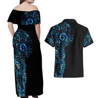 New Zealand Maori Koru Art Traditional Tattoo Couples Matching Off Shoulder Maxi Dress and Hawaiian Shirt Paua Shell