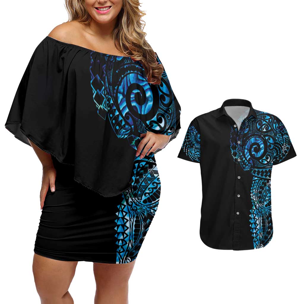 New Zealand Maori Koru Art Traditional Tattoo Couples Matching Off Shoulder Short Dress and Hawaiian Shirt Paua Shell