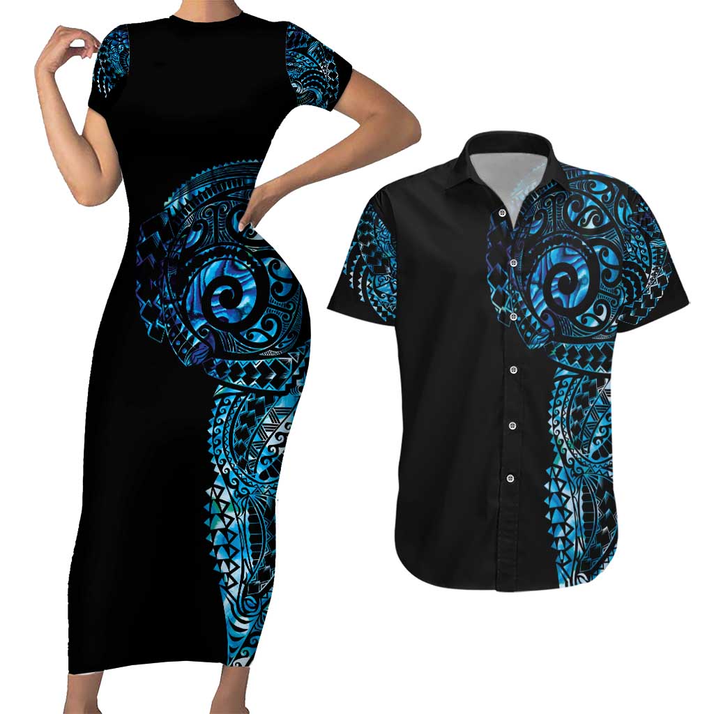 New Zealand Maori Koru Art Traditional Tattoo Couples Matching Short Sleeve Bodycon Dress and Hawaiian Shirt Paua Shell