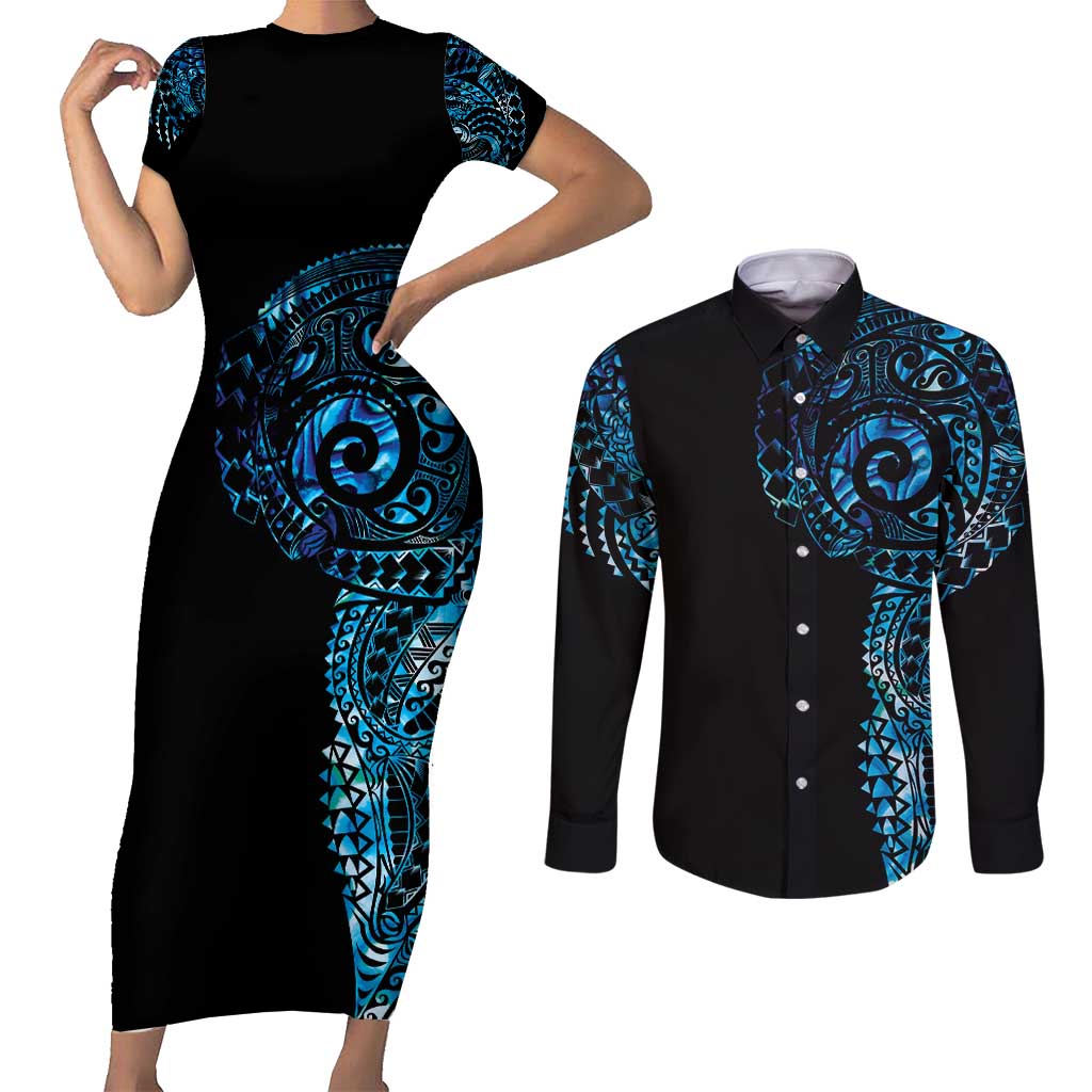 New Zealand Maori Koru Art Traditional Tattoo Couples Matching Short Sleeve Bodycon Dress and Long Sleeve Button Shirt Paua Shell