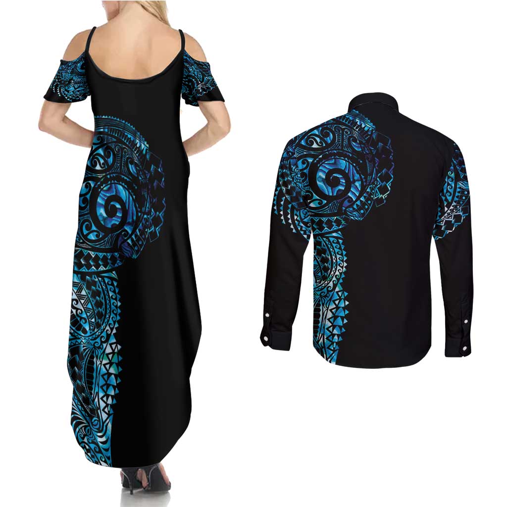 New Zealand Maori Koru Art Traditional Tattoo Couples Matching Summer Maxi Dress and Long Sleeve Button Shirt Paua Shell