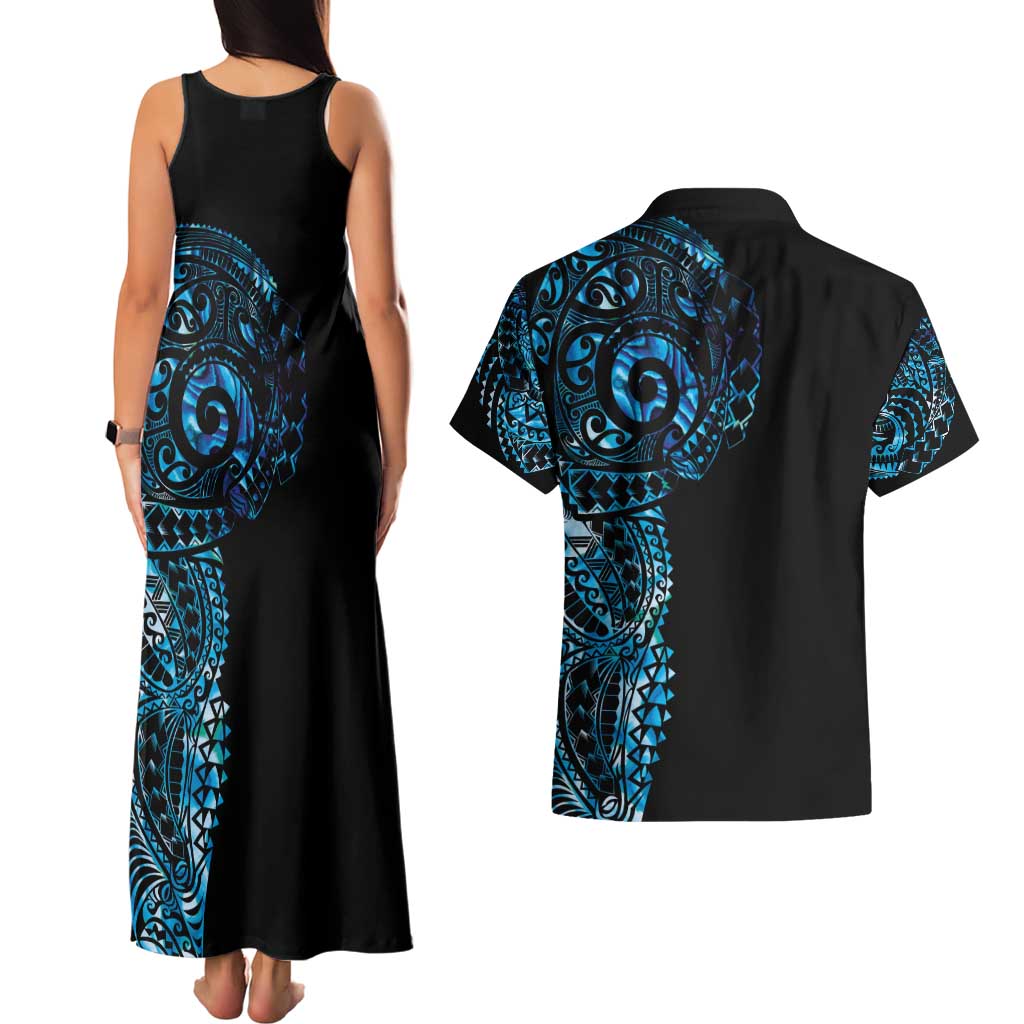 New Zealand Maori Koru Art Traditional Tattoo Couples Matching Tank Maxi Dress and Hawaiian Shirt Paua Shell