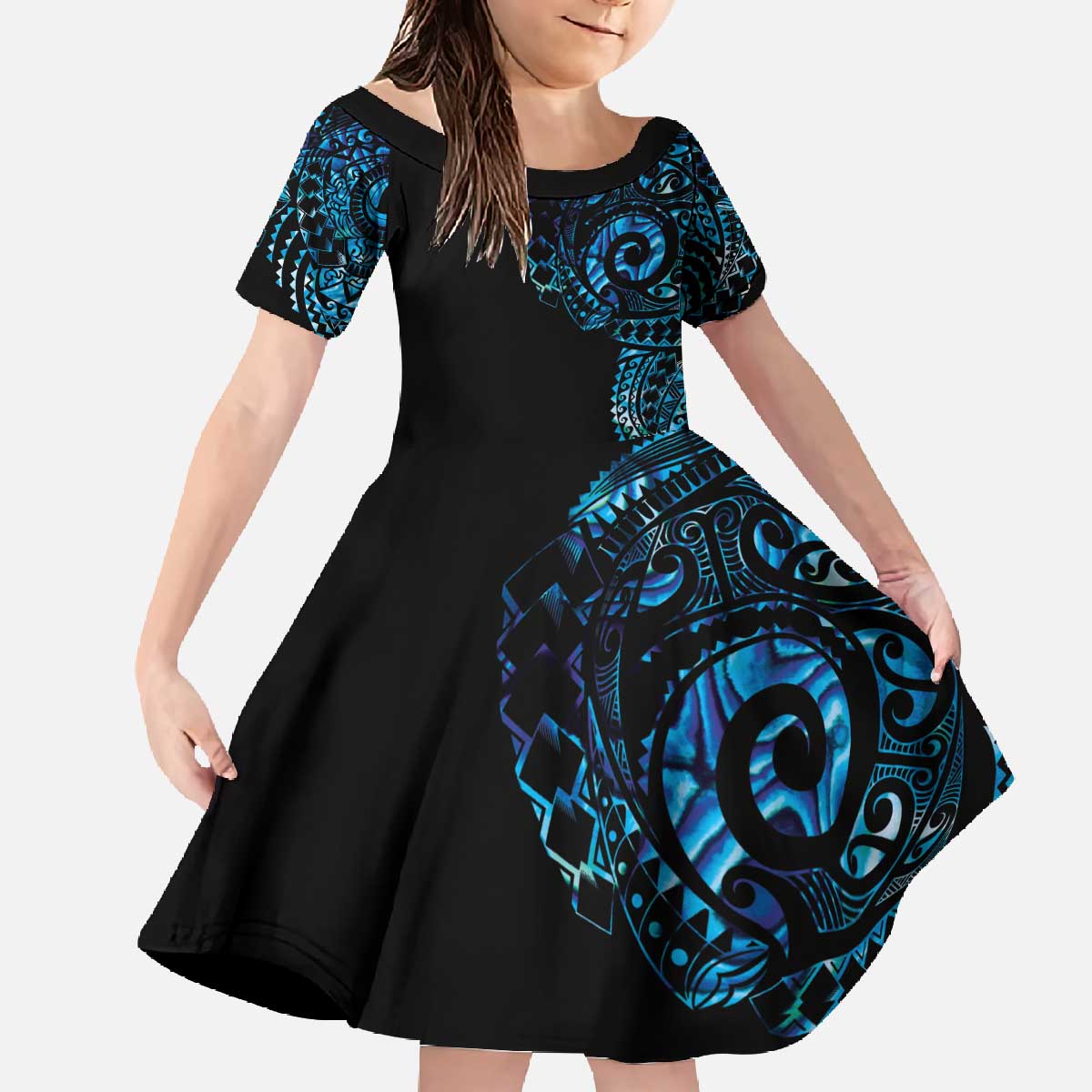 New Zealand Maori Koru Art Traditional Tattoo Family Matching Off The Shoulder Long Sleeve Dress and Hawaiian Shirt Paua Shell