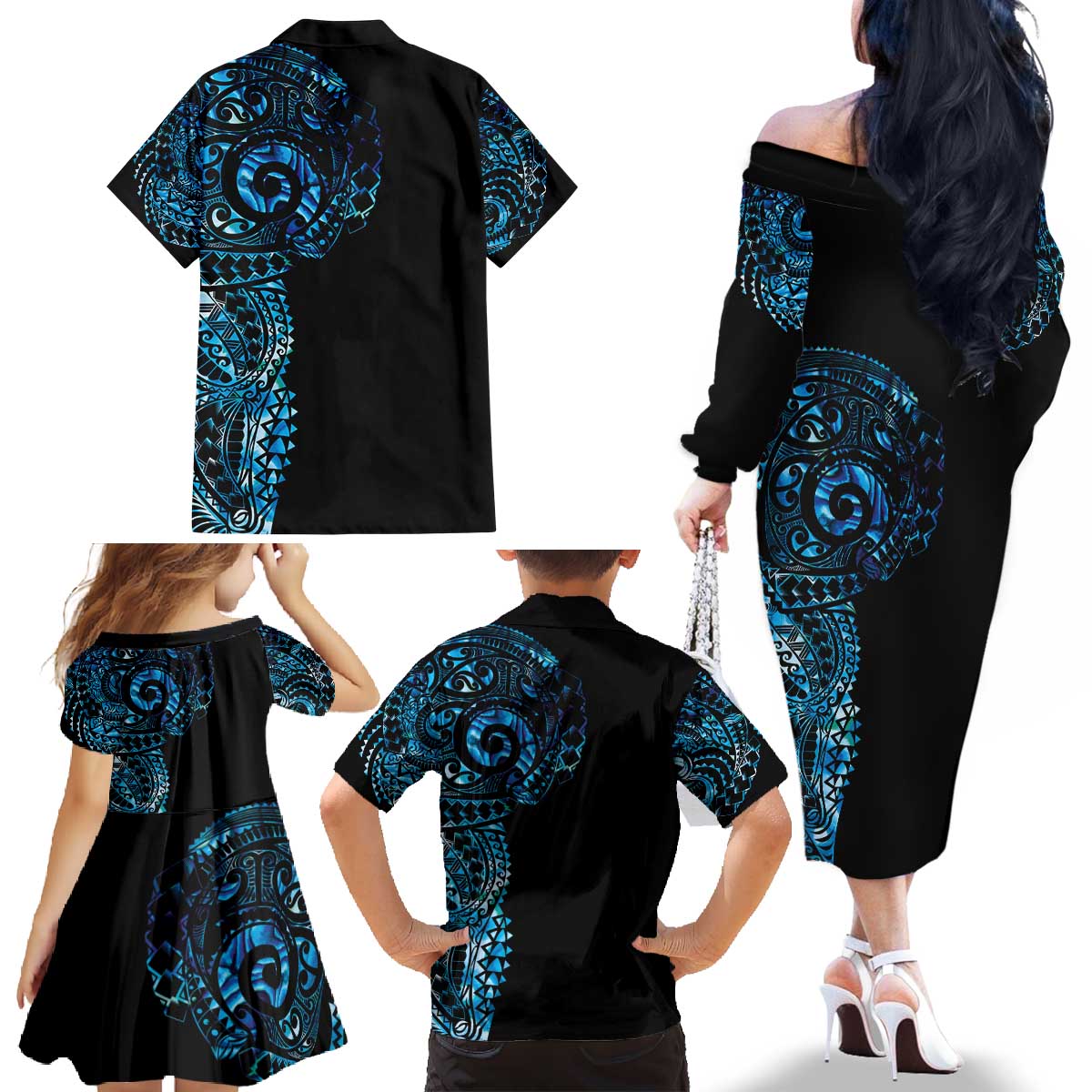 New Zealand Maori Koru Art Traditional Tattoo Family Matching Off The Shoulder Long Sleeve Dress and Hawaiian Shirt Paua Shell