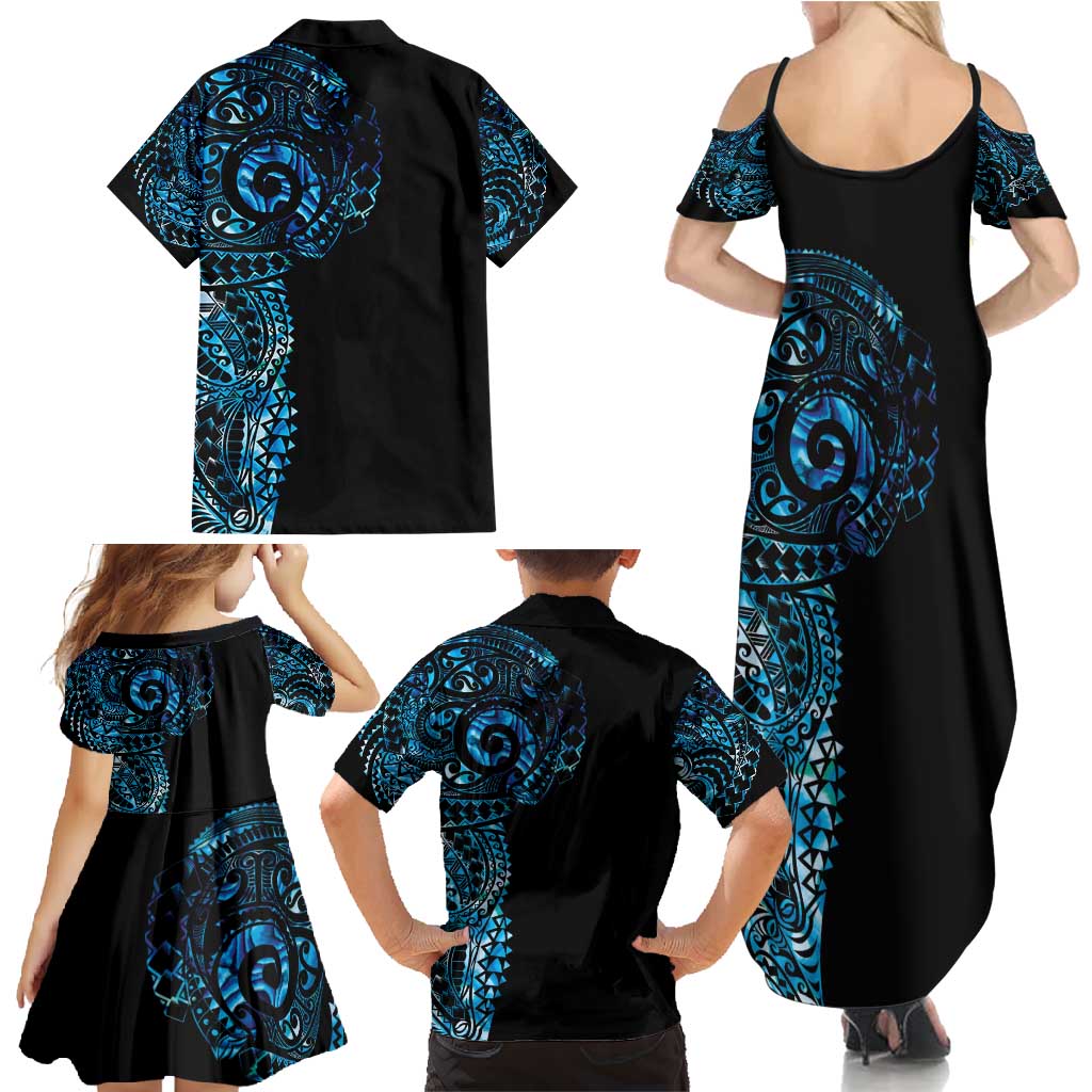New Zealand Maori Koru Art Traditional Tattoo Family Matching Summer Maxi Dress and Hawaiian Shirt Paua Shell