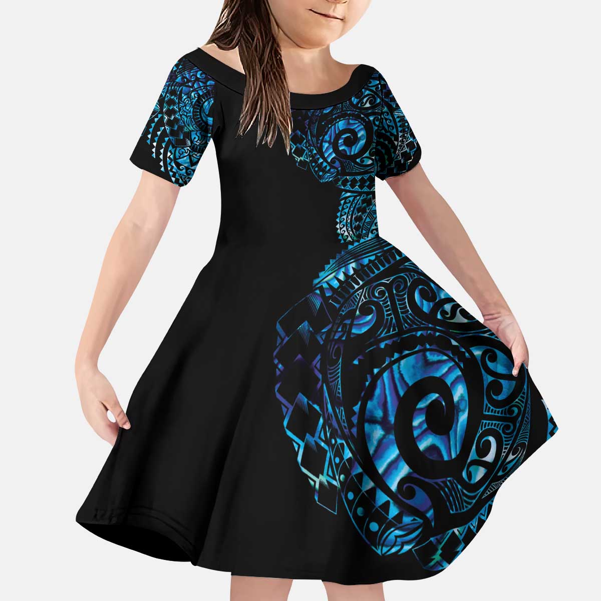 New Zealand Maori Koru Art Traditional Tattoo Kid Short Sleeve Dress Paua Shell