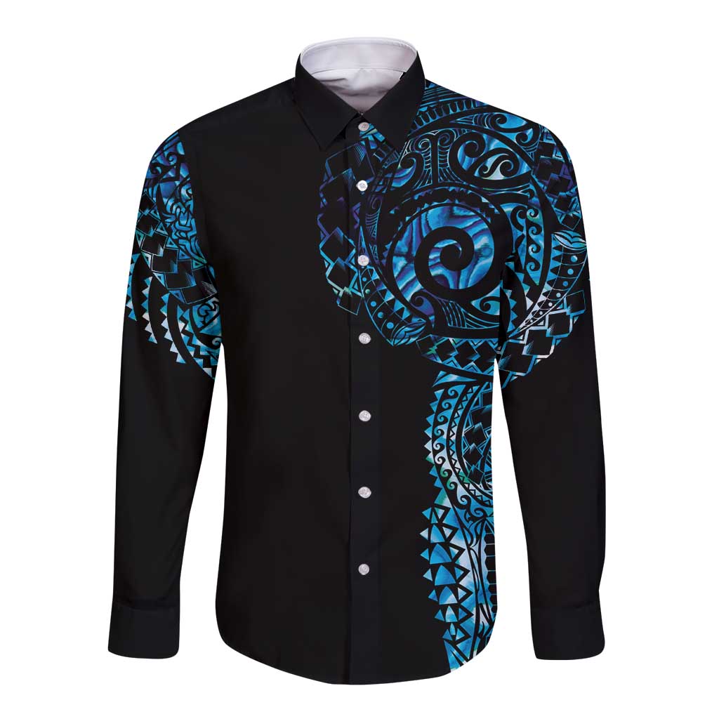 New Zealand Maori Koru Art Traditional Tattoo Long Sleeve Button Shirt Paua Shell
