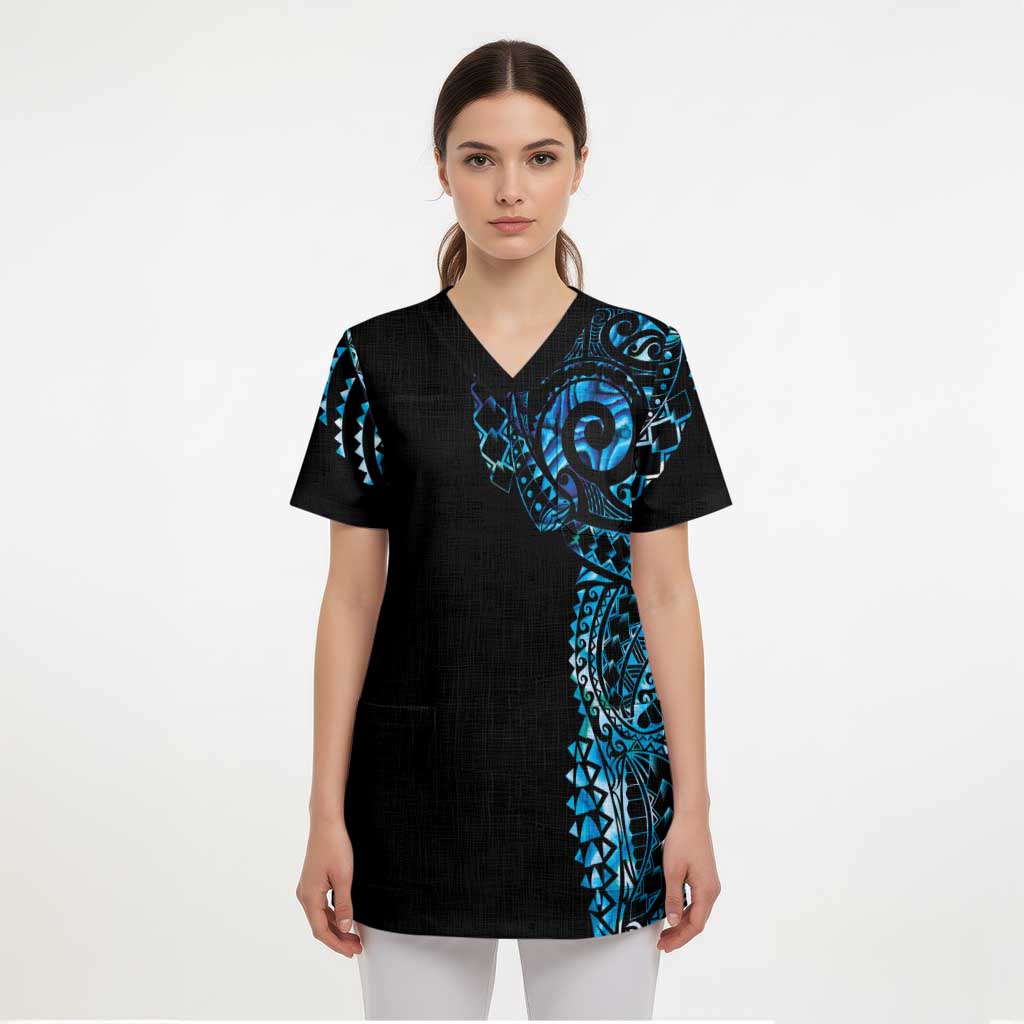 New Zealand Maori Koru Art Traditional Tattoo Scrub Top Paua Shell - Polynesian Pride