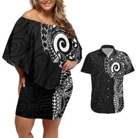 New Zealand Maori Koru Art Traditional Tattoo Couples Matching Off Shoulder Short Dress and Hawaiian Shirt Simple Style