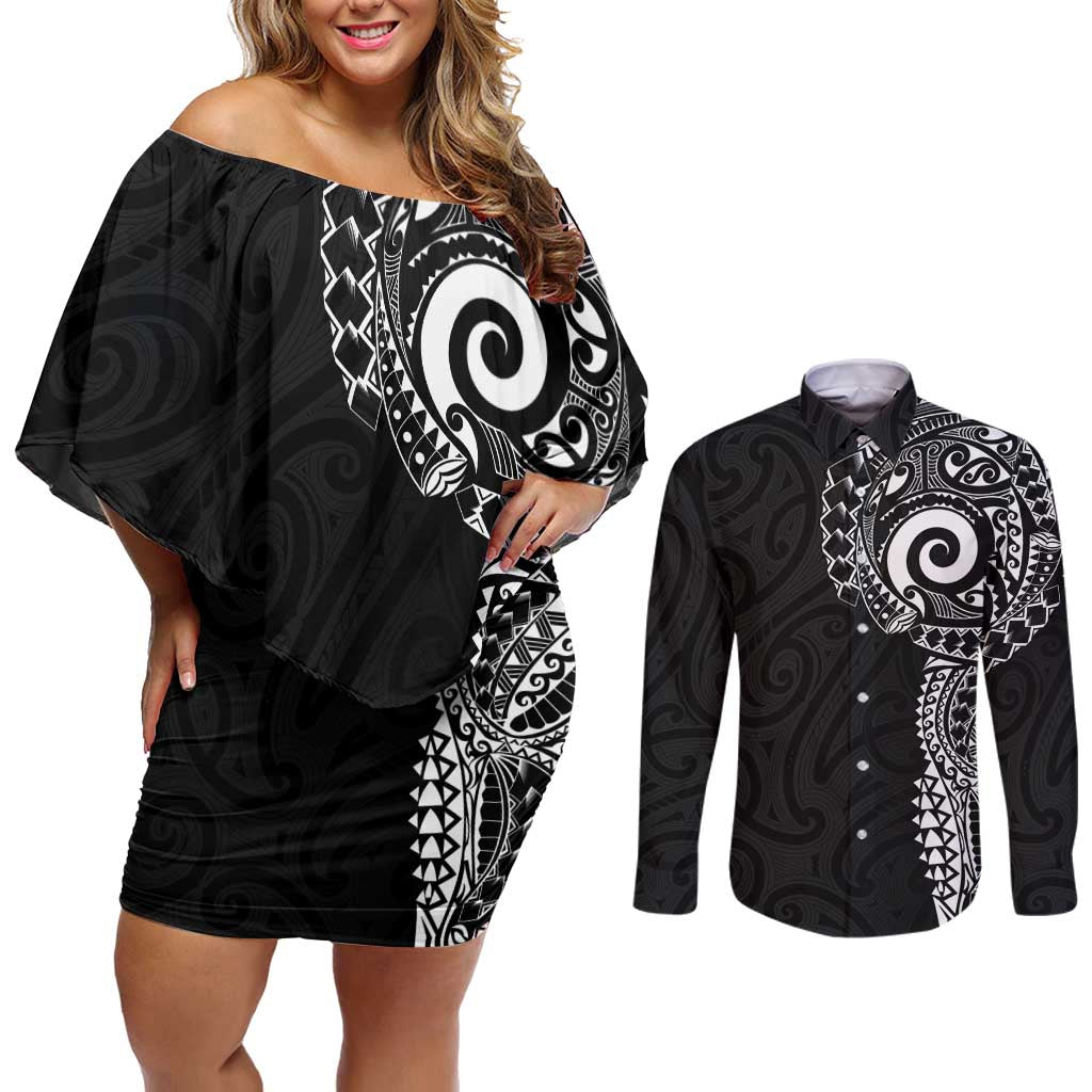 New Zealand Maori Koru Art Traditional Tattoo Couples Matching Off Shoulder Short Dress and Long Sleeve Button Shirt Simple Style