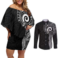 New Zealand Maori Koru Art Traditional Tattoo Couples Matching Off Shoulder Short Dress and Long Sleeve Button Shirt Simple Style