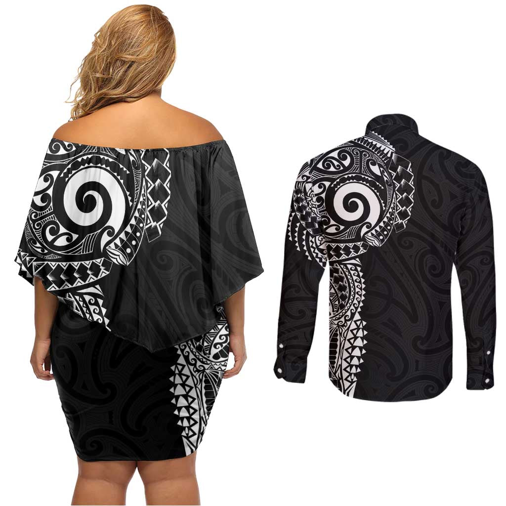 New Zealand Maori Koru Art Traditional Tattoo Couples Matching Off Shoulder Short Dress and Long Sleeve Button Shirt Simple Style