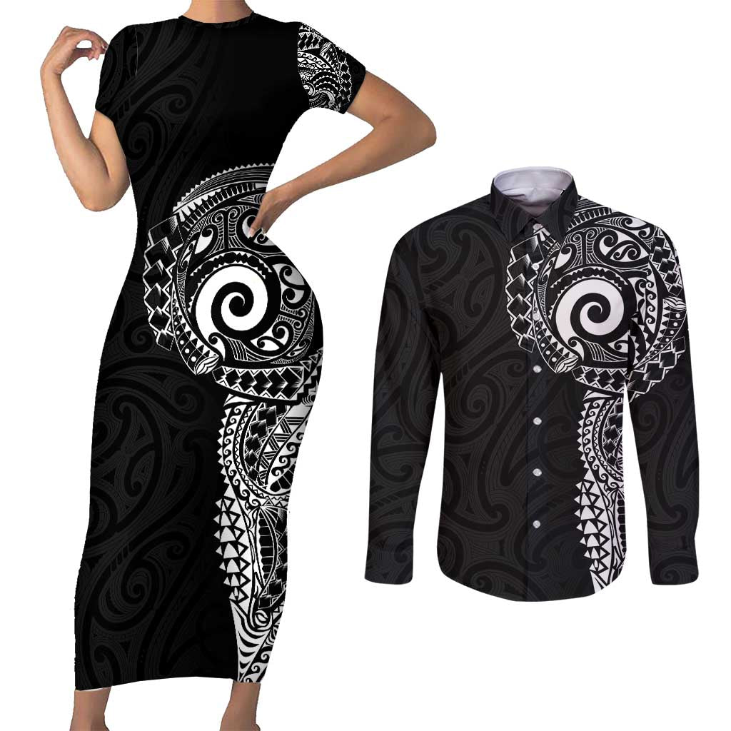 New Zealand Maori Koru Art Traditional Tattoo Couples Matching Short Sleeve Bodycon Dress and Long Sleeve Button Shirt Simple Style