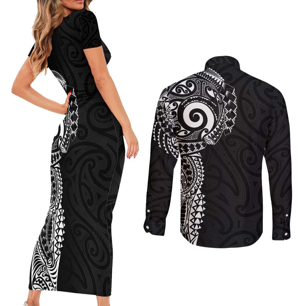 New Zealand Maori Koru Art Traditional Tattoo Couples Matching Short Sleeve Bodycon Dress and Long Sleeve Button Shirt Simple Style