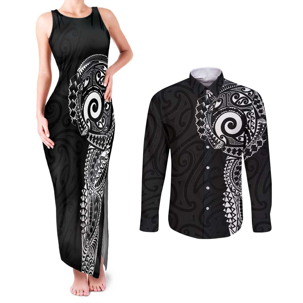 New Zealand Maori Koru Art Traditional Tattoo Couples Matching Tank Maxi Dress and Long Sleeve Button Shirt Simple Style