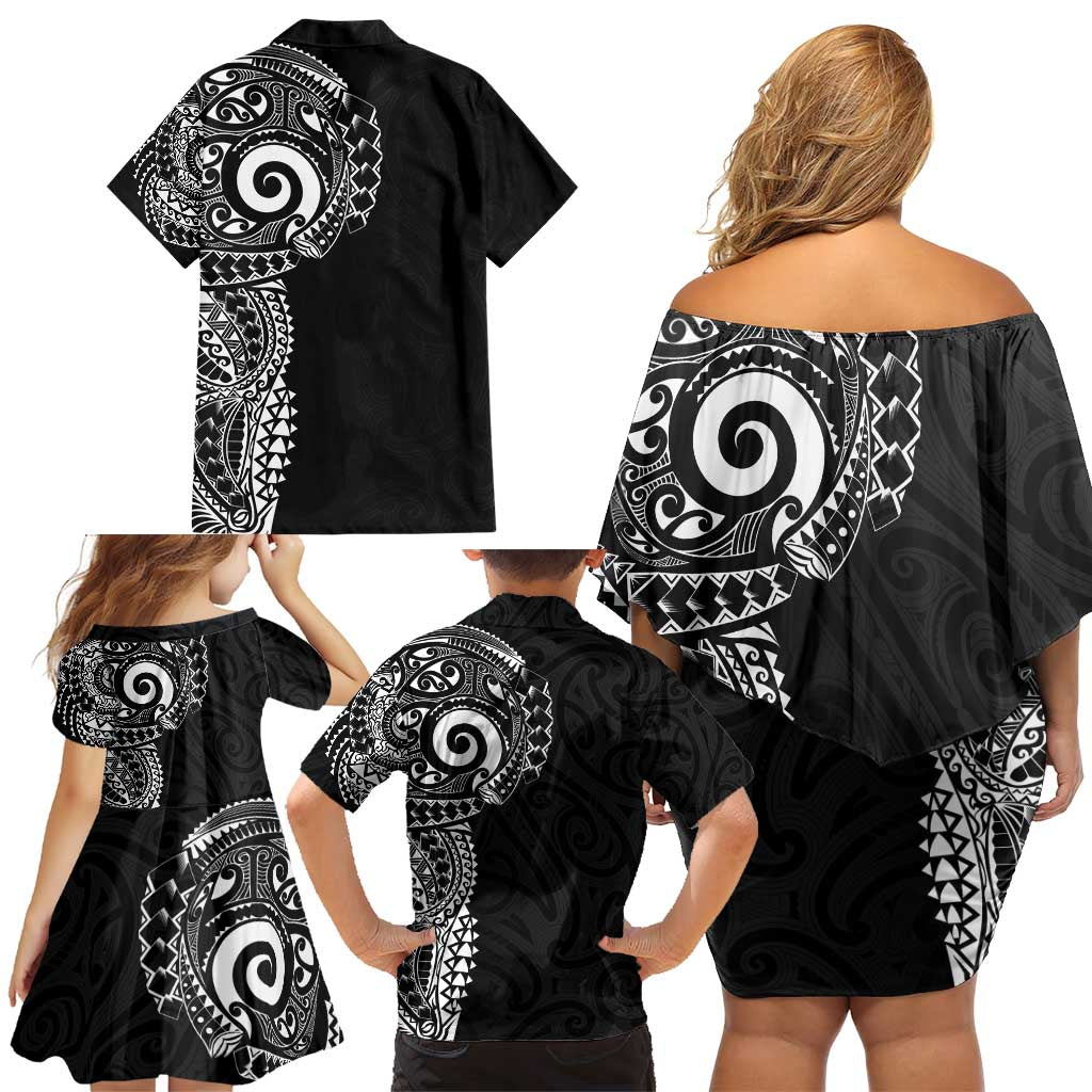 New Zealand Maori Koru Art Traditional Tattoo Family Matching Off Shoulder Short Dress and Hawaiian Shirt Simple Style
