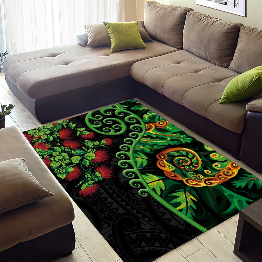 New Zealand Koru Plants and Pohutukawa Area Rug Maori Tattoo Pattern