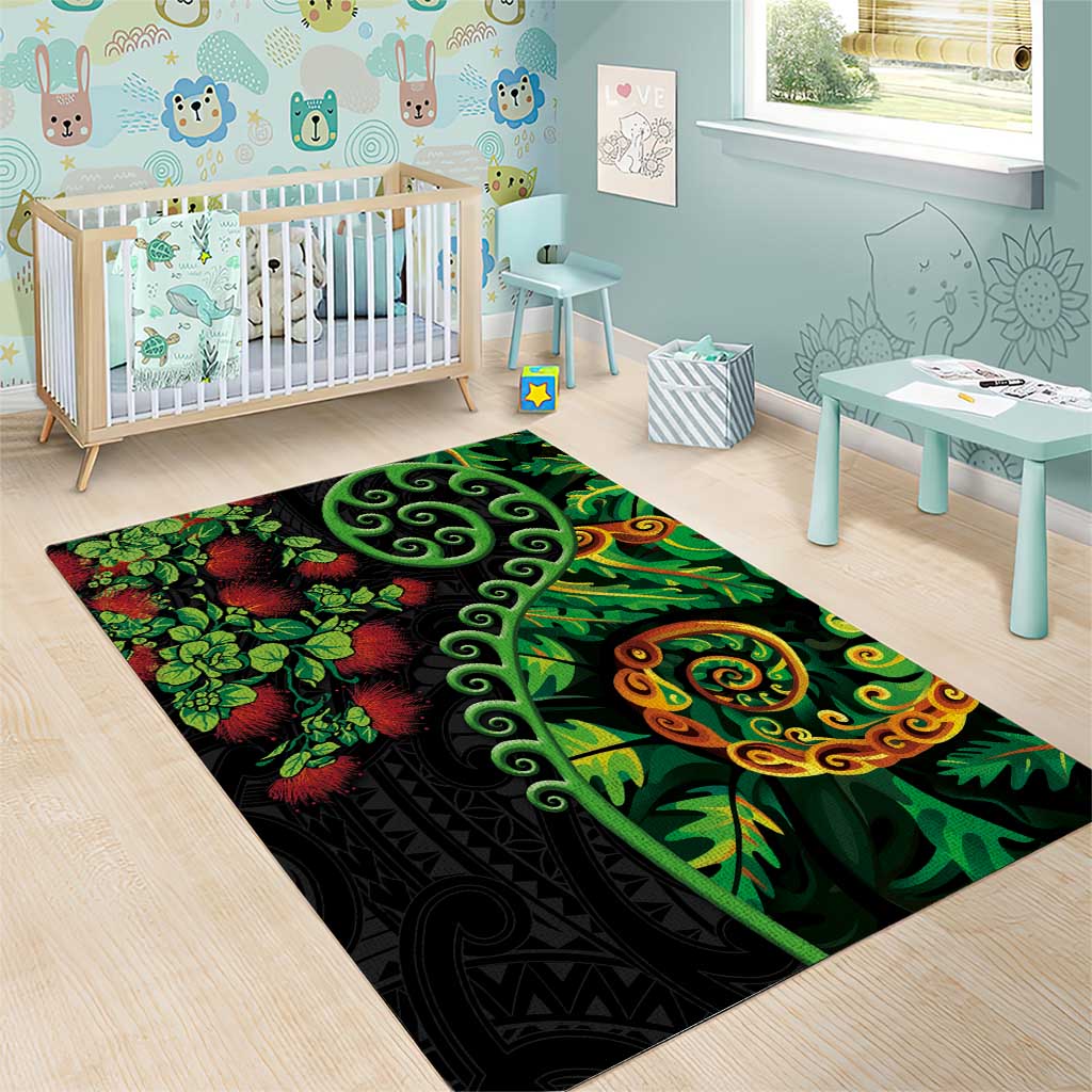 New Zealand Koru Plants and Pohutukawa Area Rug Maori Tattoo Pattern