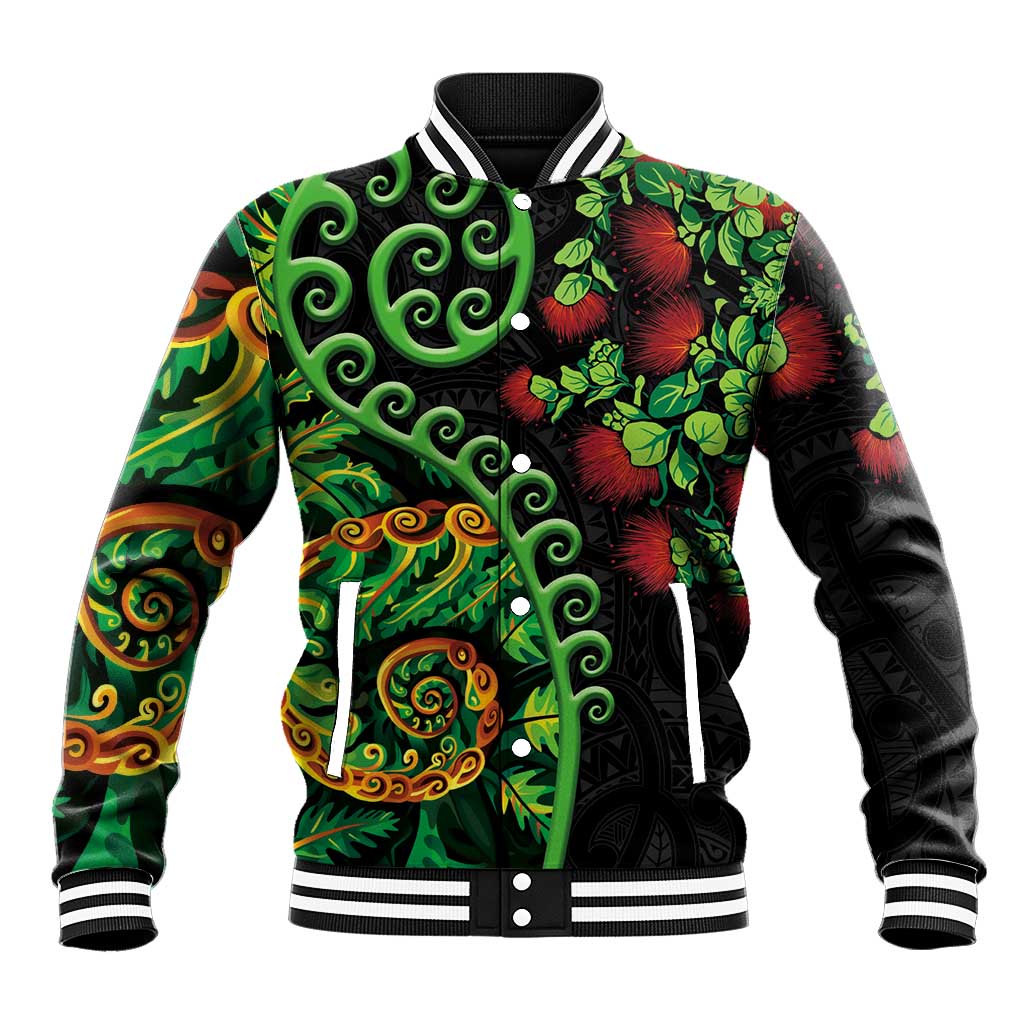 New Zealand Koru Plants and Pohutukawa Baseball Jacket Maori Tattoo Pattern