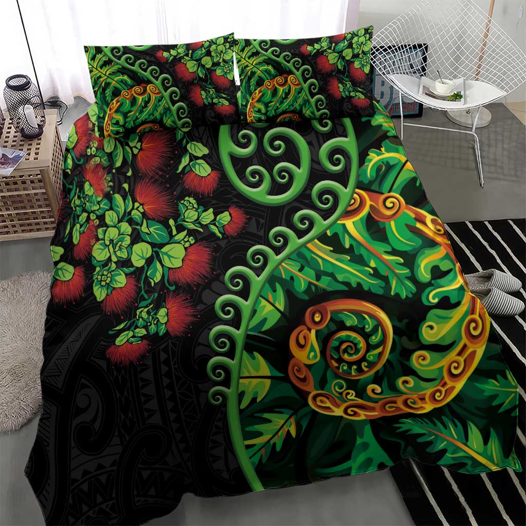 New Zealand Koru Plants and Pohutukawa Bedding Set Maori Tattoo Pattern