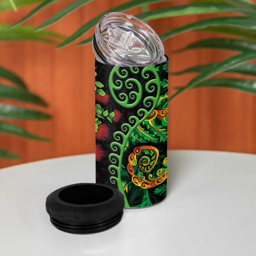 New Zealand Koru Plants and Pohutukawa 4 in 1 Can Cooler Tumbler Maori Tattoo Pattern