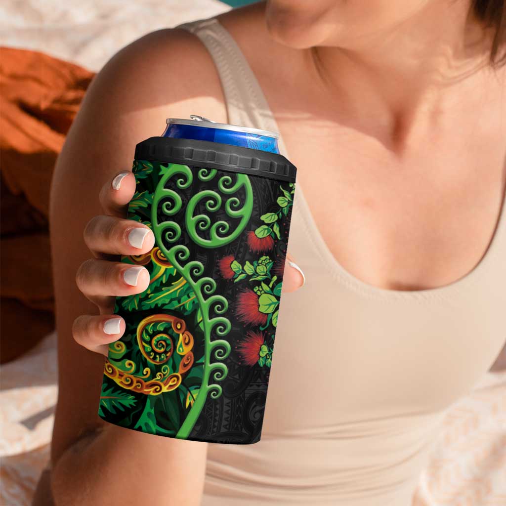 New Zealand Koru Plants and Pohutukawa 4 in 1 Can Cooler Tumbler Maori Tattoo Pattern