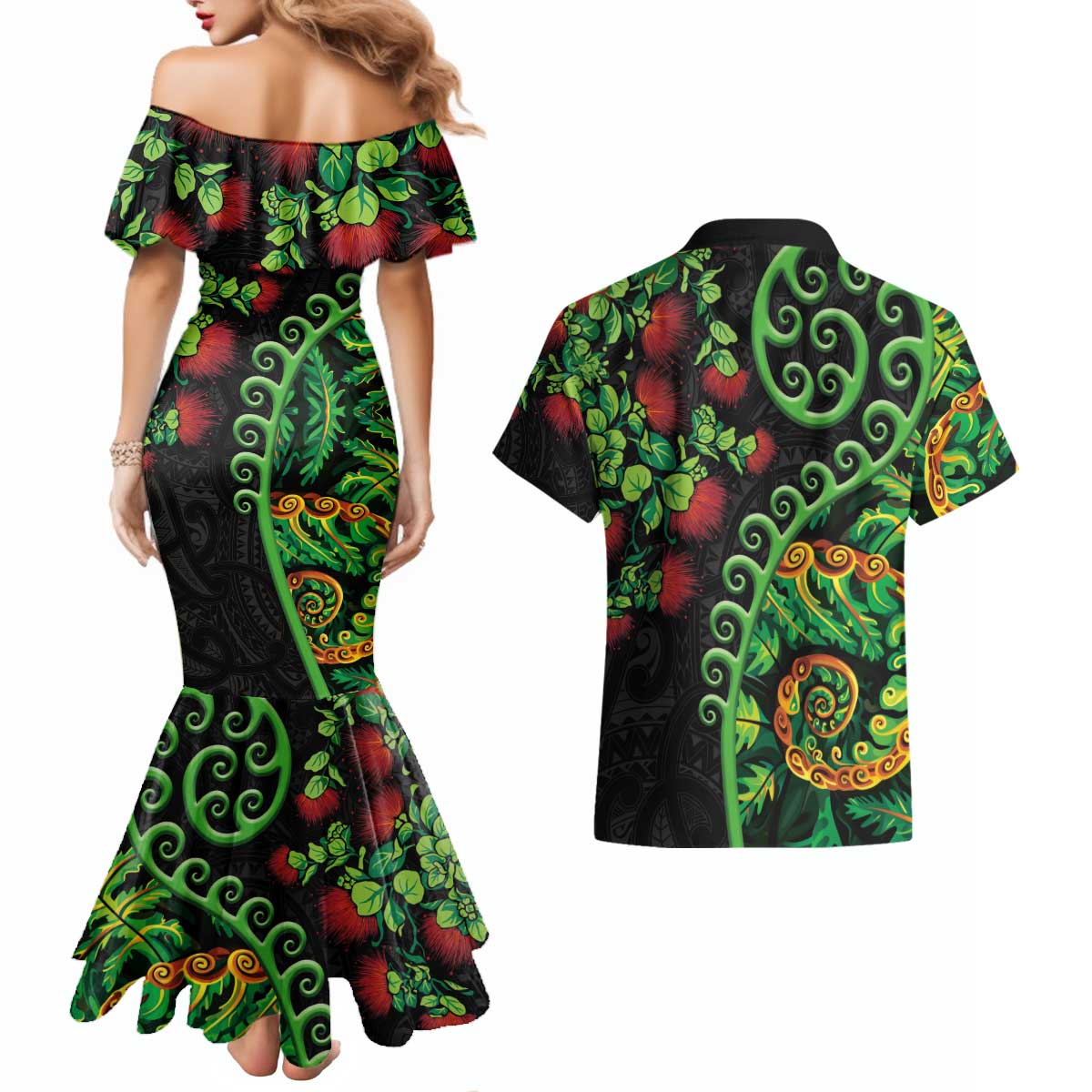 New Zealand Koru Plants and Pohutukawa Couples Matching Mermaid Dress and Hawaiian Shirt Maori Tattoo Pattern