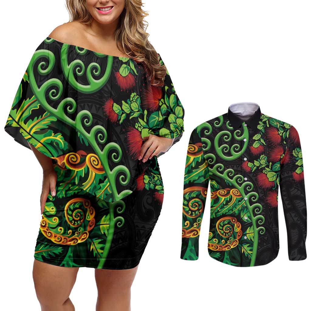 New Zealand Koru Plants and Pohutukawa Couples Matching Off Shoulder Short Dress and Long Sleeve Button Shirt Maori Tattoo Pattern