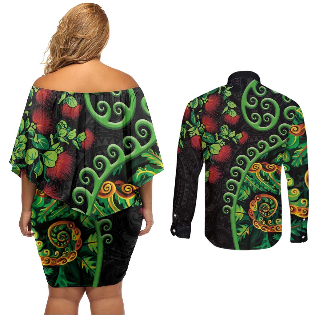 New Zealand Koru Plants and Pohutukawa Couples Matching Off Shoulder Short Dress and Long Sleeve Button Shirt Maori Tattoo Pattern