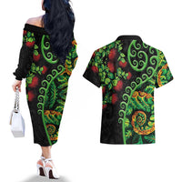 New Zealand Koru Plants and Pohutukawa Couples Matching Off The Shoulder Long Sleeve Dress and Hawaiian Shirt Maori Tattoo Pattern