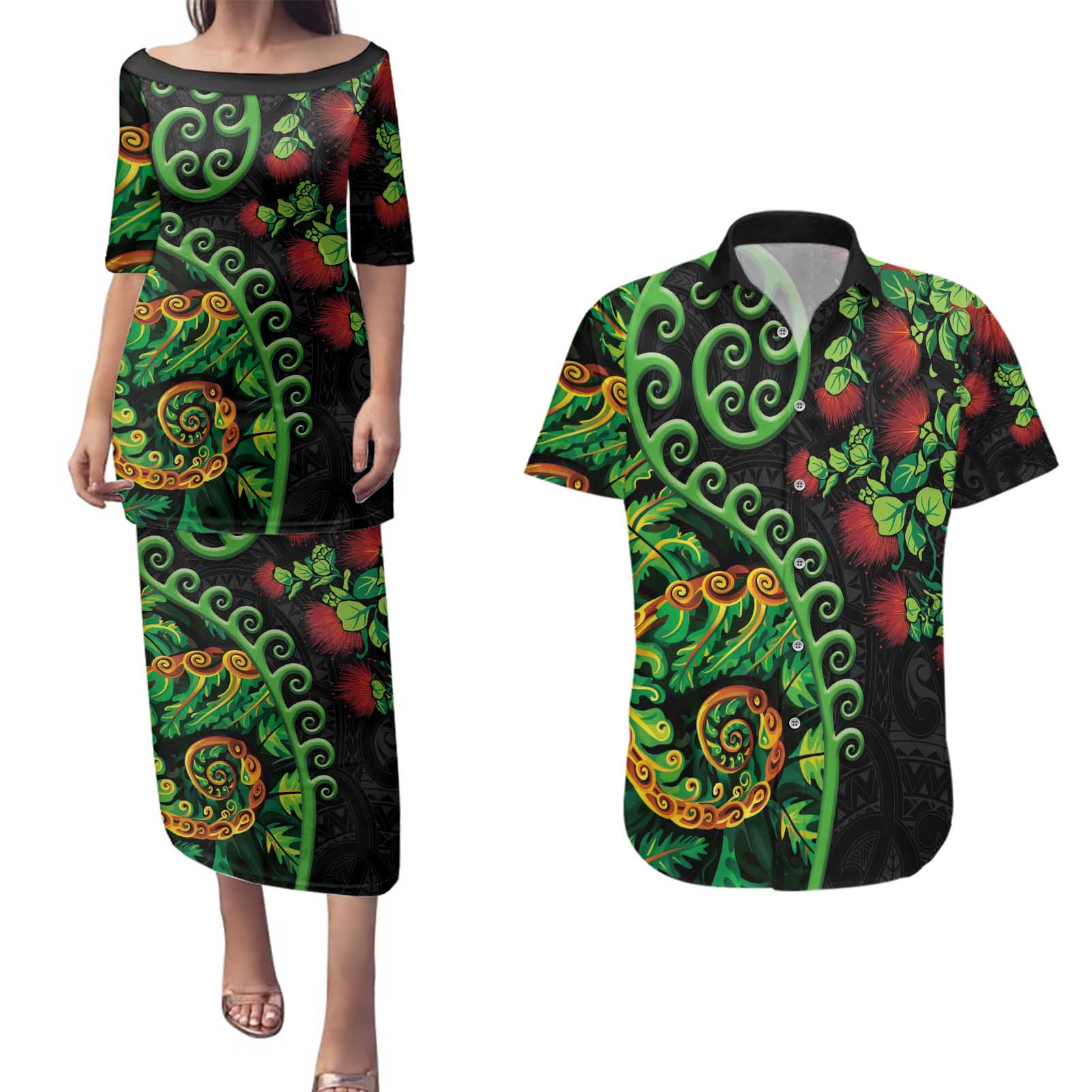 New Zealand Koru Plants and Pohutukawa Couples Matching Puletasi and Hawaiian Shirt Maori Tattoo Pattern
