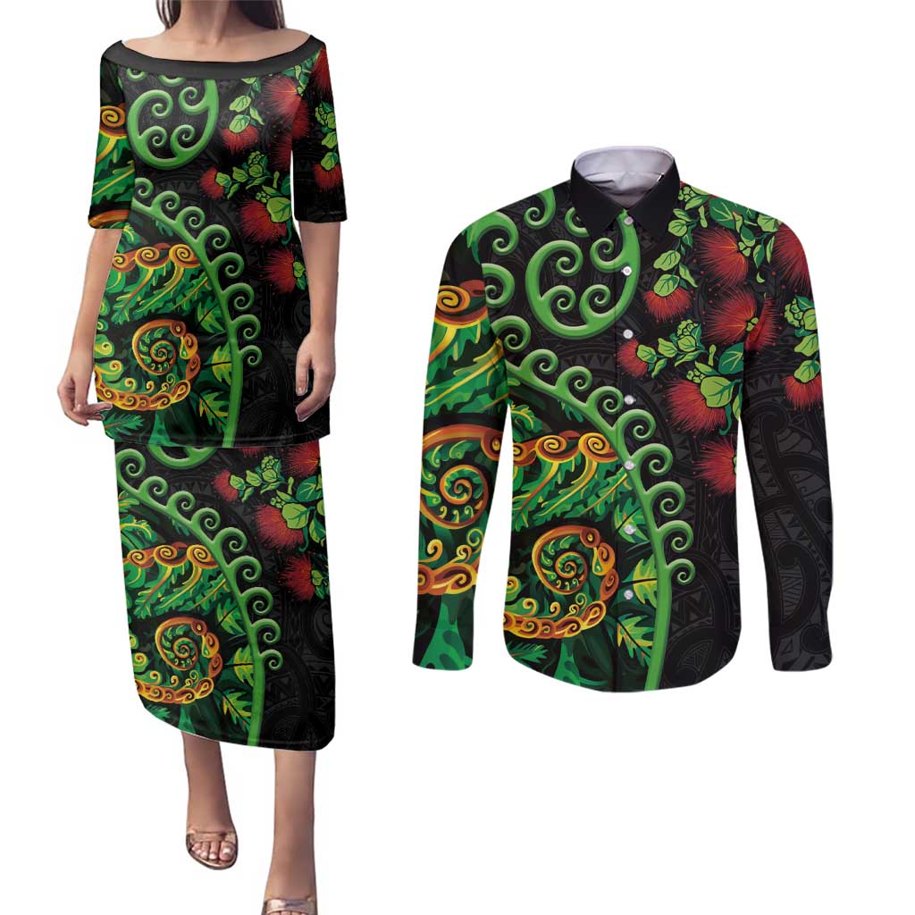 New Zealand Koru Plants and Pohutukawa Couples Matching Puletasi and Long Sleeve Button Shirt Maori Tattoo Pattern
