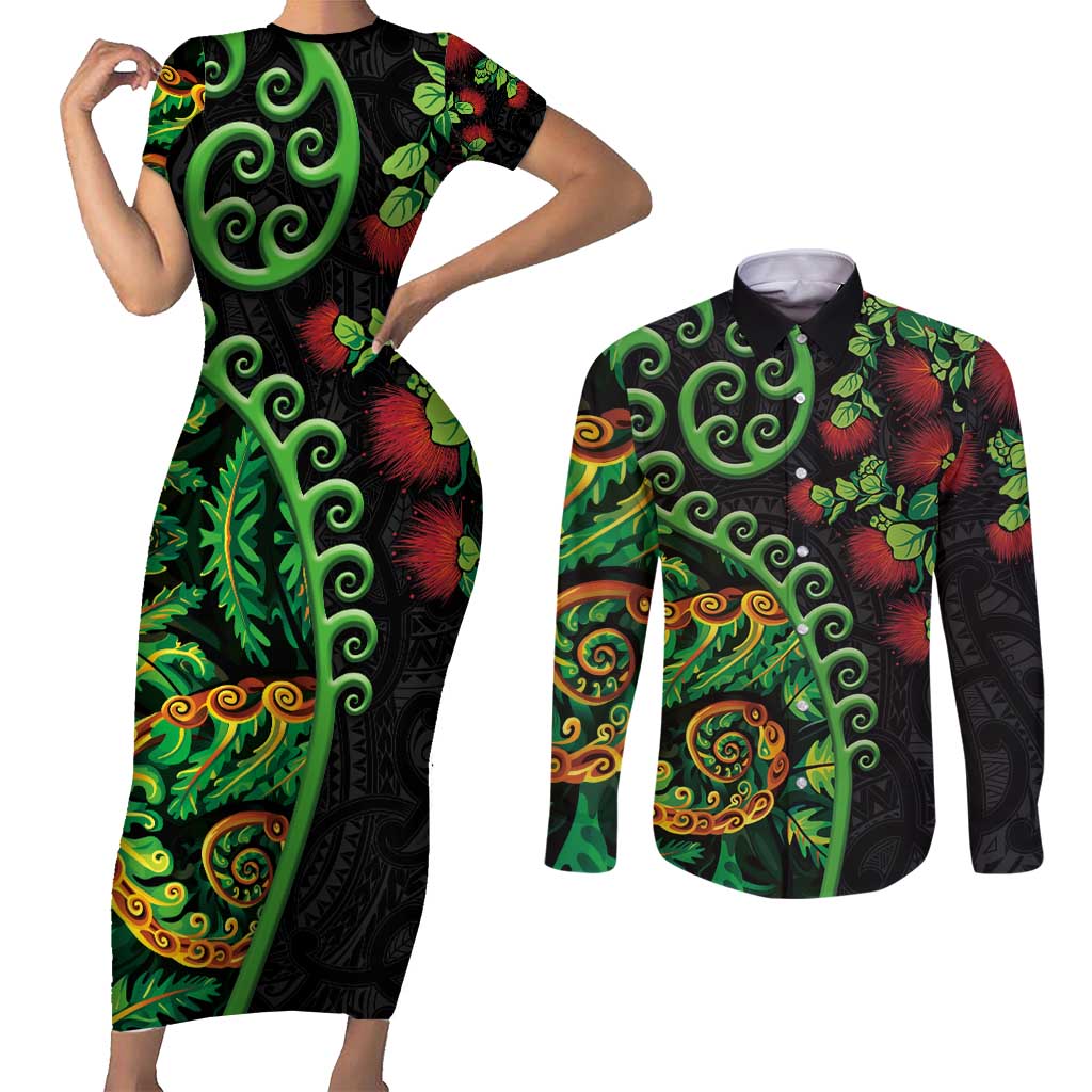 New Zealand Koru Plants and Pohutukawa Couples Matching Short Sleeve Bodycon Dress and Long Sleeve Button Shirt Maori Tattoo Pattern