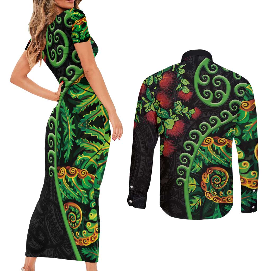 New Zealand Koru Plants and Pohutukawa Couples Matching Short Sleeve Bodycon Dress and Long Sleeve Button Shirt Maori Tattoo Pattern