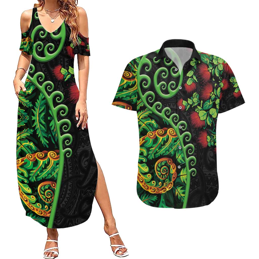 New Zealand Koru Plants and Pohutukawa Couples Matching Summer Maxi Dress and Hawaiian Shirt Maori Tattoo Pattern
