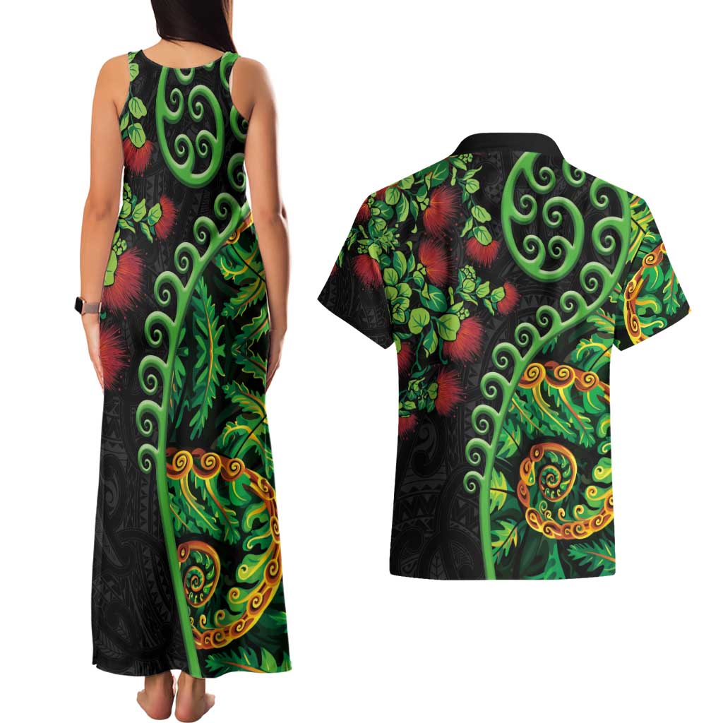 New Zealand Koru Plants and Pohutukawa Couples Matching Tank Maxi Dress and Hawaiian Shirt Maori Tattoo Pattern