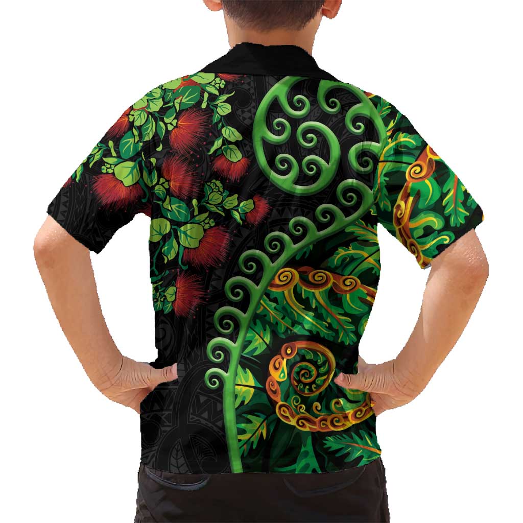 New Zealand Koru Plants and Pohutukawa Family Matching Long Sleeve Bodycon Dress and Hawaiian Shirt Maori Tattoo Pattern