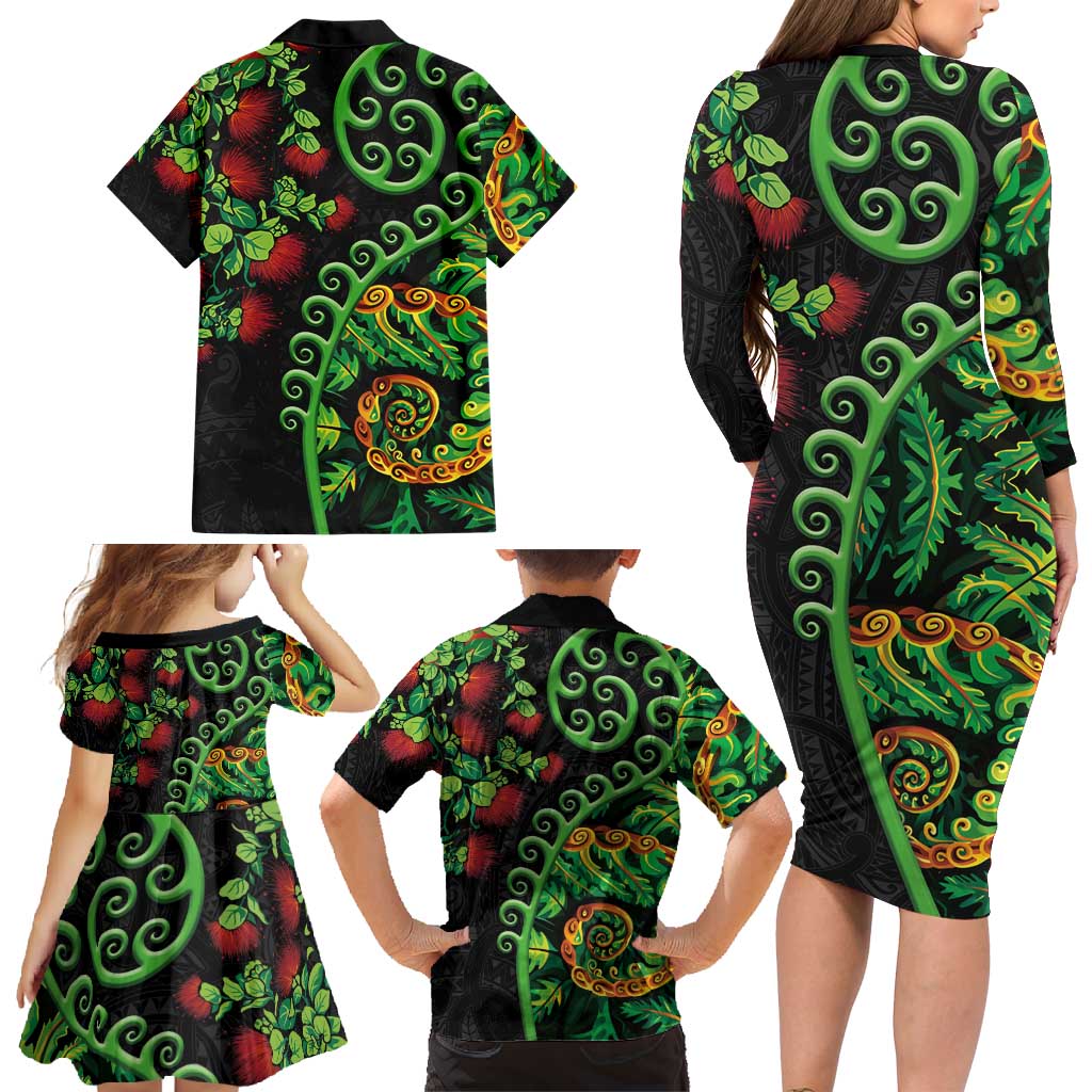 New Zealand Koru Plants and Pohutukawa Family Matching Long Sleeve Bodycon Dress and Hawaiian Shirt Maori Tattoo Pattern