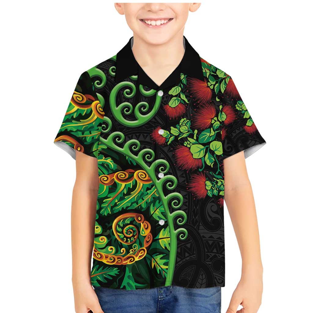 New Zealand Koru Plants and Pohutukawa Family Matching Mermaid Dress and Hawaiian Shirt Maori Tattoo Pattern
