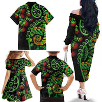 New Zealand Koru Plants and Pohutukawa Family Matching Off The Shoulder Long Sleeve Dress and Hawaiian Shirt Maori Tattoo Pattern