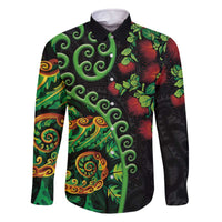 New Zealand Koru Plants and Pohutukawa Family Matching Off The Shoulder Long Sleeve Dress and Hawaiian Shirt Maori Tattoo Pattern