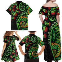 New Zealand Koru Plants and Pohutukawa Family Matching Off Shoulder Maxi Dress and Hawaiian Shirt Maori Tattoo Pattern