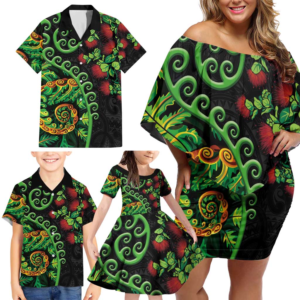 New Zealand Koru Plants and Pohutukawa Family Matching Off Shoulder Short Dress and Hawaiian Shirt Maori Tattoo Pattern