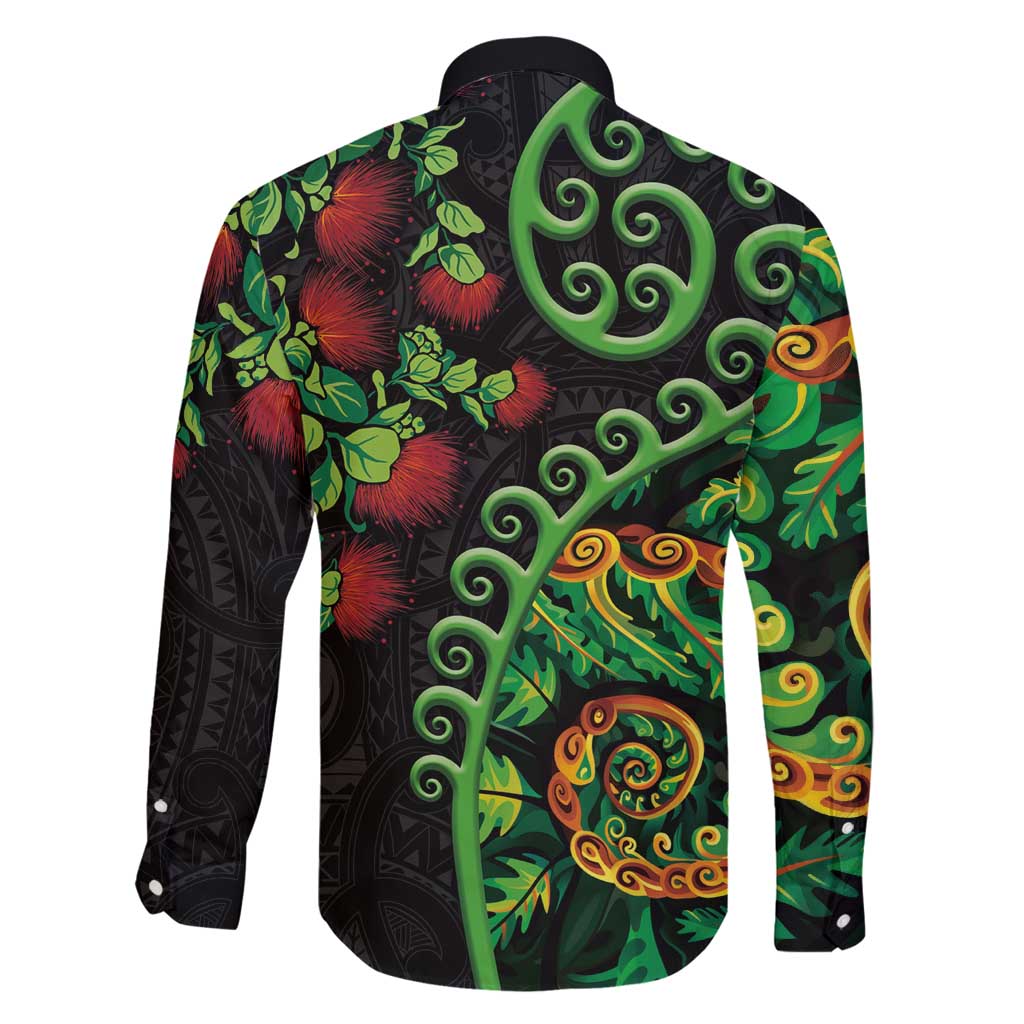 New Zealand Koru Plants and Pohutukawa Family Matching Off Shoulder Short Dress and Hawaiian Shirt Maori Tattoo Pattern