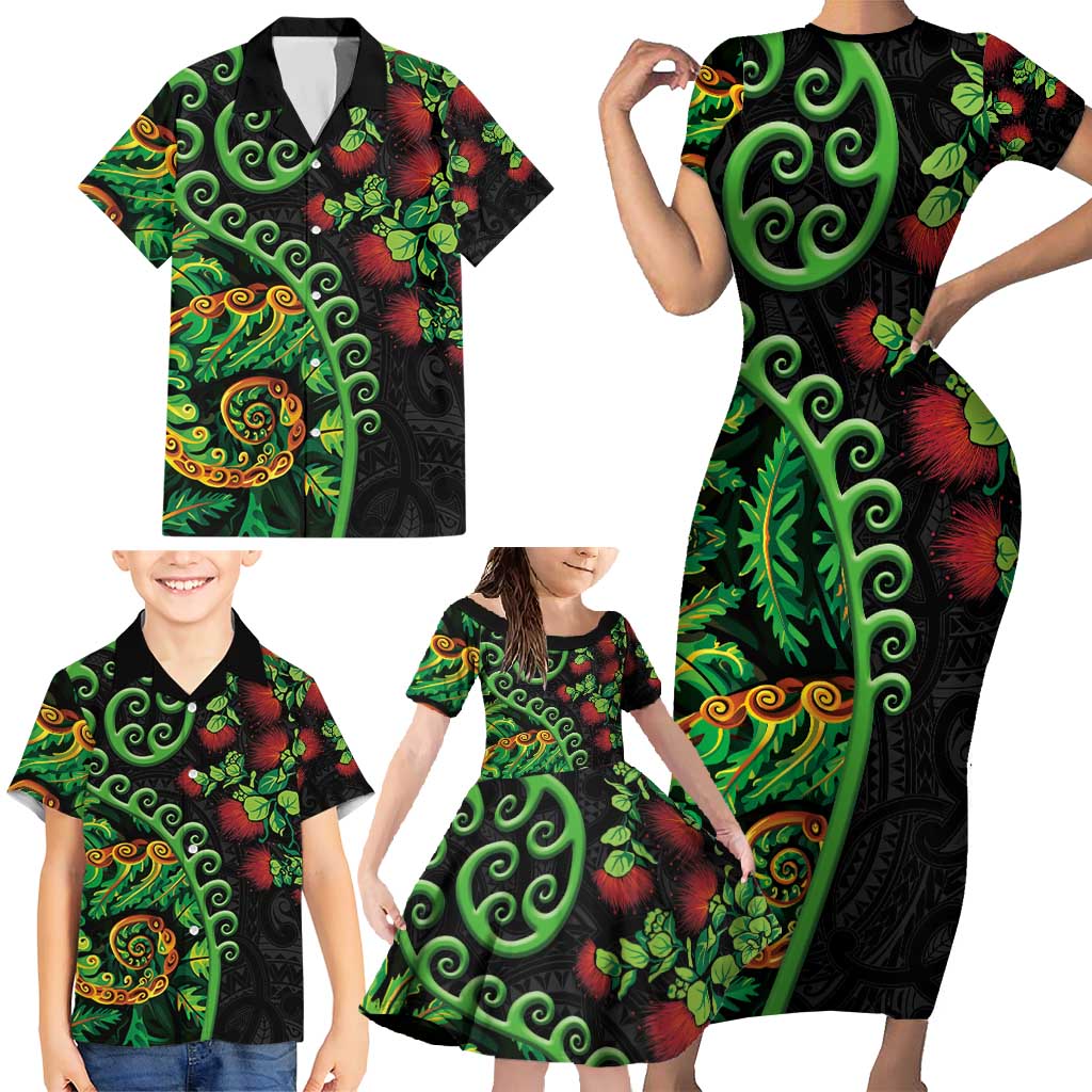 New Zealand Koru Plants and Pohutukawa Family Matching Short Sleeve Bodycon Dress and Hawaiian Shirt Maori Tattoo Pattern