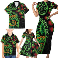 New Zealand Koru Plants and Pohutukawa Family Matching Short Sleeve Bodycon Dress and Hawaiian Shirt Maori Tattoo Pattern