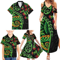 New Zealand Koru Plants and Pohutukawa Family Matching Summer Maxi Dress and Hawaiian Shirt Maori Tattoo Pattern